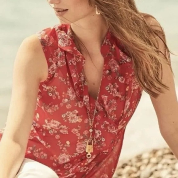 CABI “Crush” Ruffle V Neck Sleeveless Soft Feminine Rose Print on Bold Red Top M - Picture 1 of 9